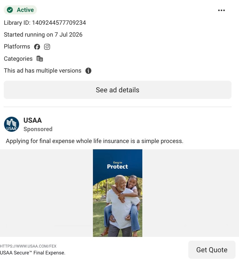 USAA sponsored Meta ad for Secure Final Expense whole life insurance showing a grandfather holding a young child. 