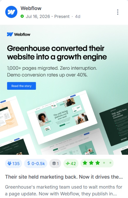 Webflow case study ad showing polished website layouts about Greenhouse.