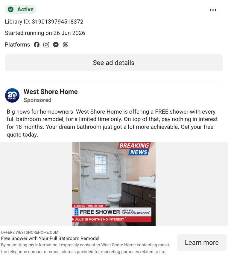 West Shore Home Facebook ad offering a free shower with full bathroom remodel plus 18 months no interest.