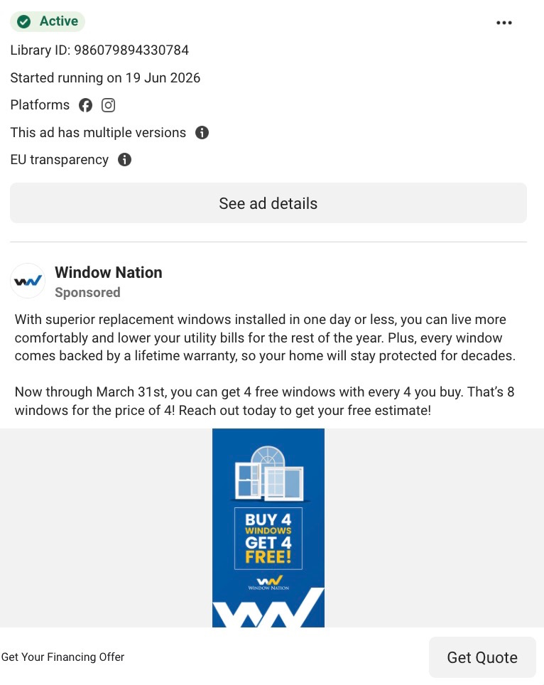 Window Nation Facebook ad promoting a buy four windows get four free deal with lifetime warranty. 