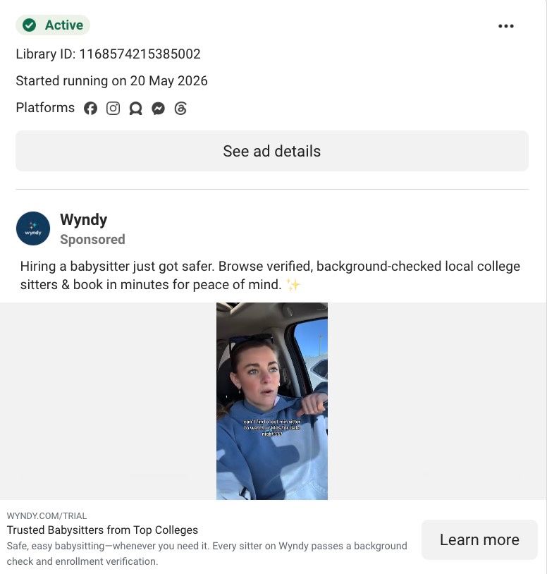 Wyndy sponsored Meta ad featuring a young woman in a car promoting trusted college babysitters.