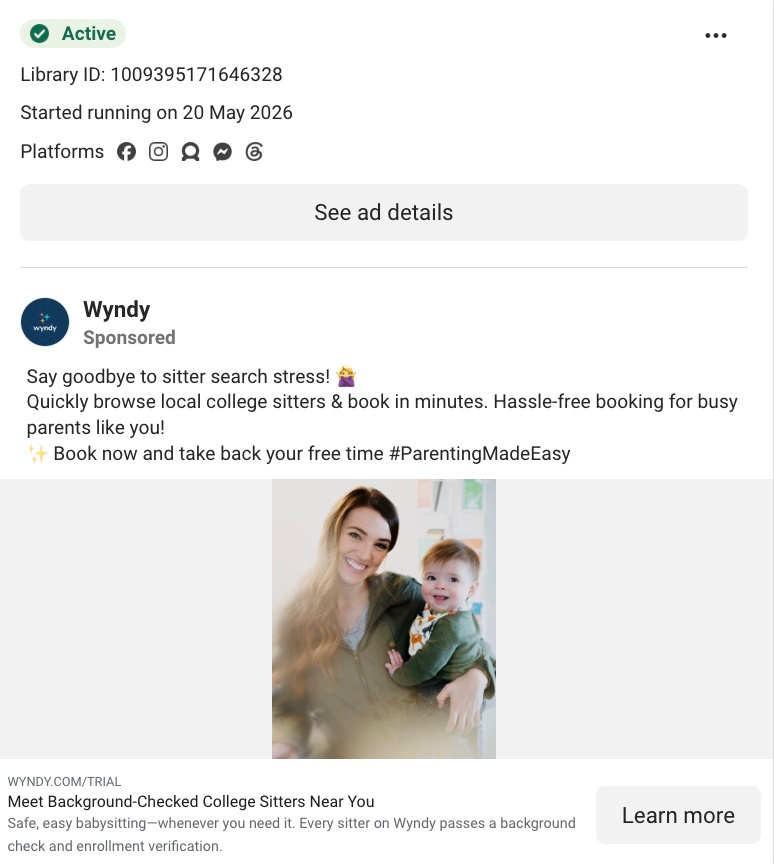 Wyndy sponsored Meta ad showing a smiling woman holding a toddler promoting hassle-free college sitter booking.