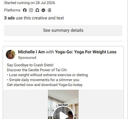 Yoga-Go sponsored video ad on the Michelle I Am page promoting gentle Tai Chi for weight loss with an app download link.