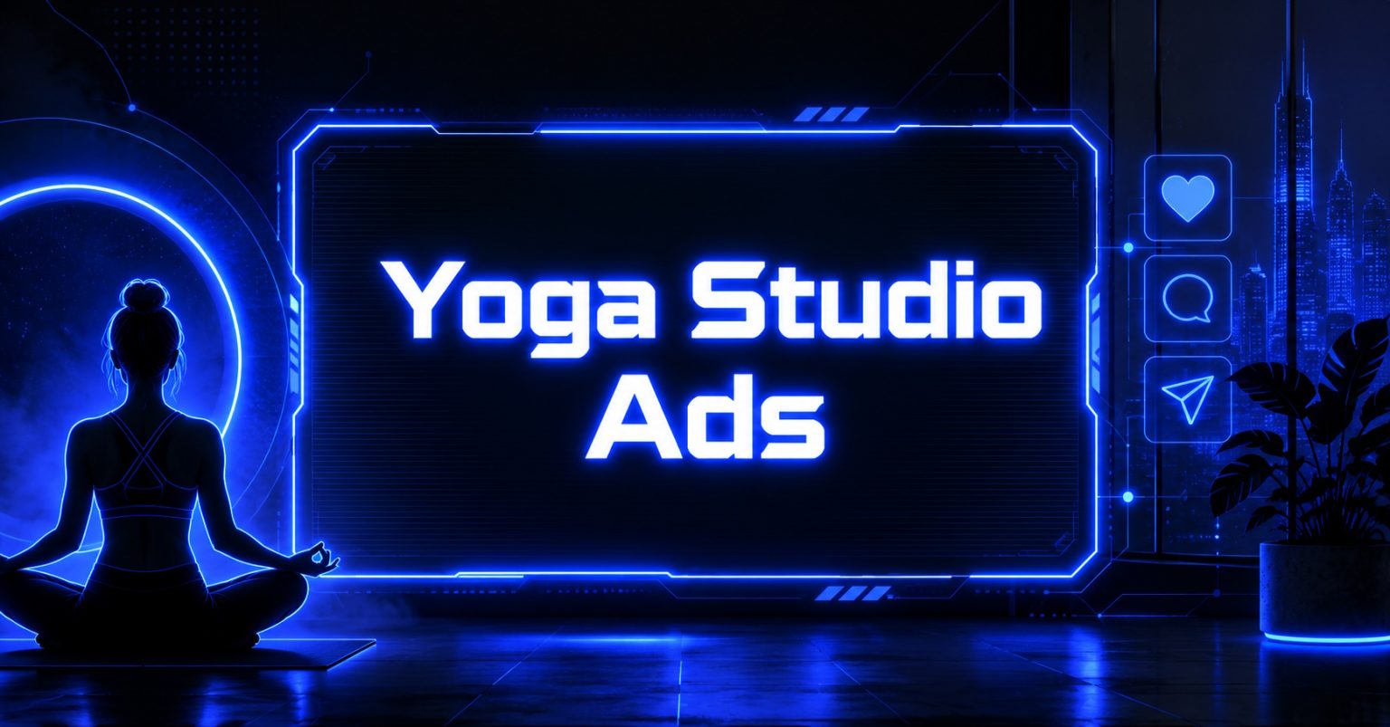 "Yoga Studio Ads" neon text beside a glowing silhouette of a woman meditating in a futuristic blue digital setting.