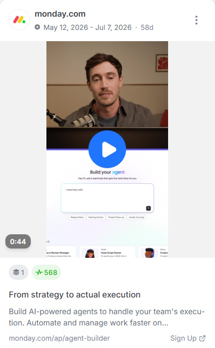 monday.com video ad showing a person demonstrating how to build AI agents on the platform.