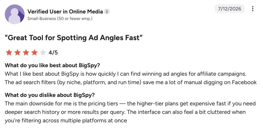 A 4/5-star G2 review titled "Great Tool for Spotting Ad Angles Fast" from a verified small-business user.