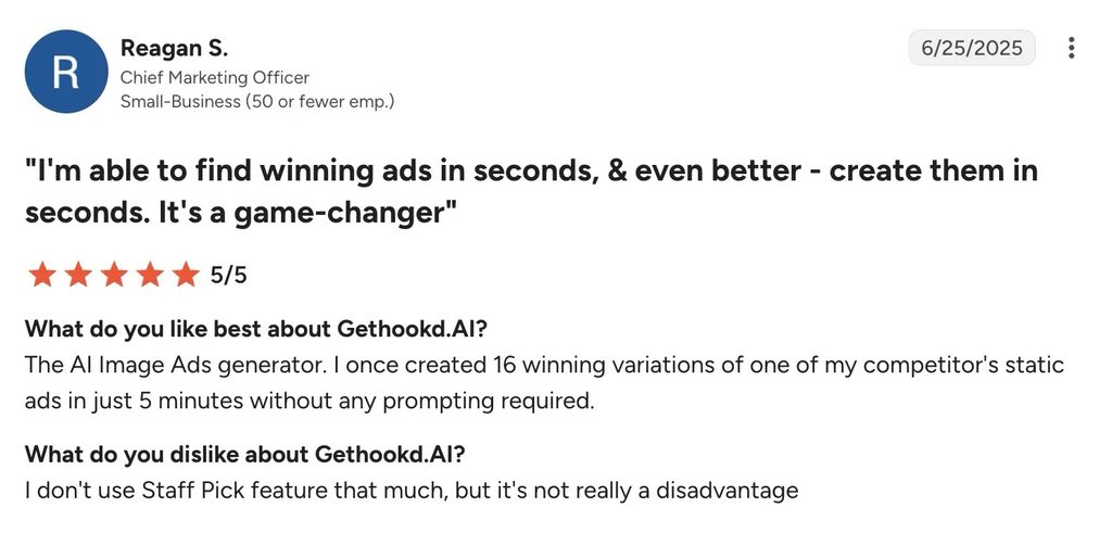 A 5-star GetHookd review praising rapid AI generation of multiple competitor ad variations without prompting.
