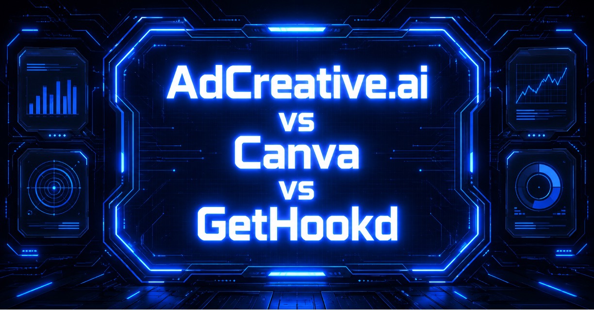 A cyberpunk illustration comparing AdCreative.ai, Canva, and GetHookd