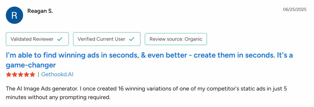 A five-star GetHookd review praises finding winning ads quickly and generating 16 variations in five minutes.