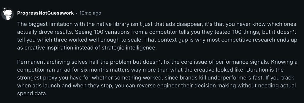 A forum comment explains that Meta Ad Library lacks performance signals, making ad duration a useful success proxy.