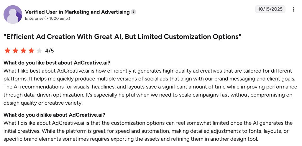 A four-star AdCreative.ai review praises fast creative generation but criticizes limited post-generation customization.