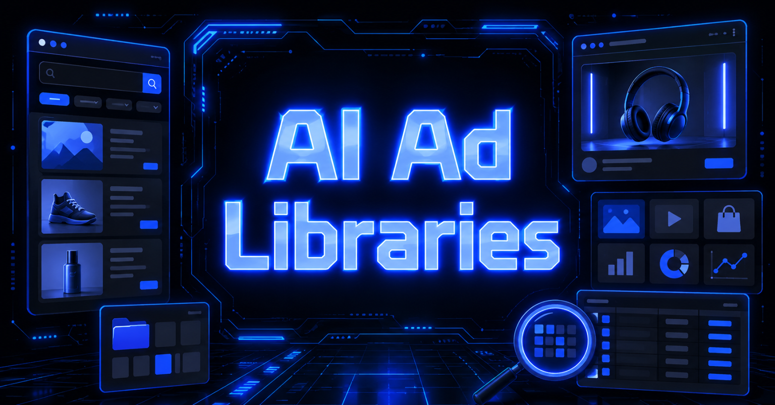 AI Ad Libraries banner with ad search panels, product creatives, and analytics dashboards in blue neon.