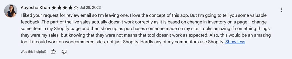 Aayesha Khan's four-star Koala Inspector review highlighting live sales issues and a WooCommerce compatibility request.