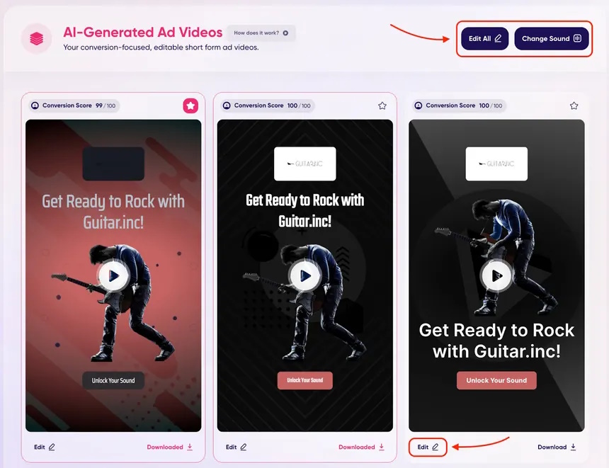 AdCreative.ai AI-generated ad videos screen showing three guitar brand short-form creatives with conversion scores.