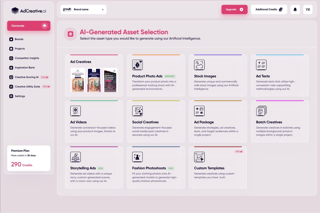 AdCreative.ai asset selection screen with options for ad texts, creatives, videos, and stock images.