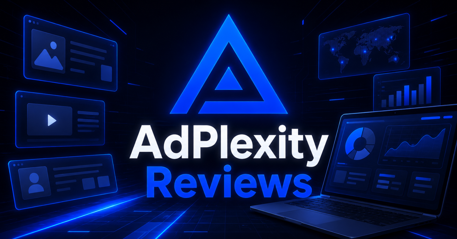 AdPlexity logo with ad creative panels, analytics dashboards, and laptop illustrating ads spy tool reviews.