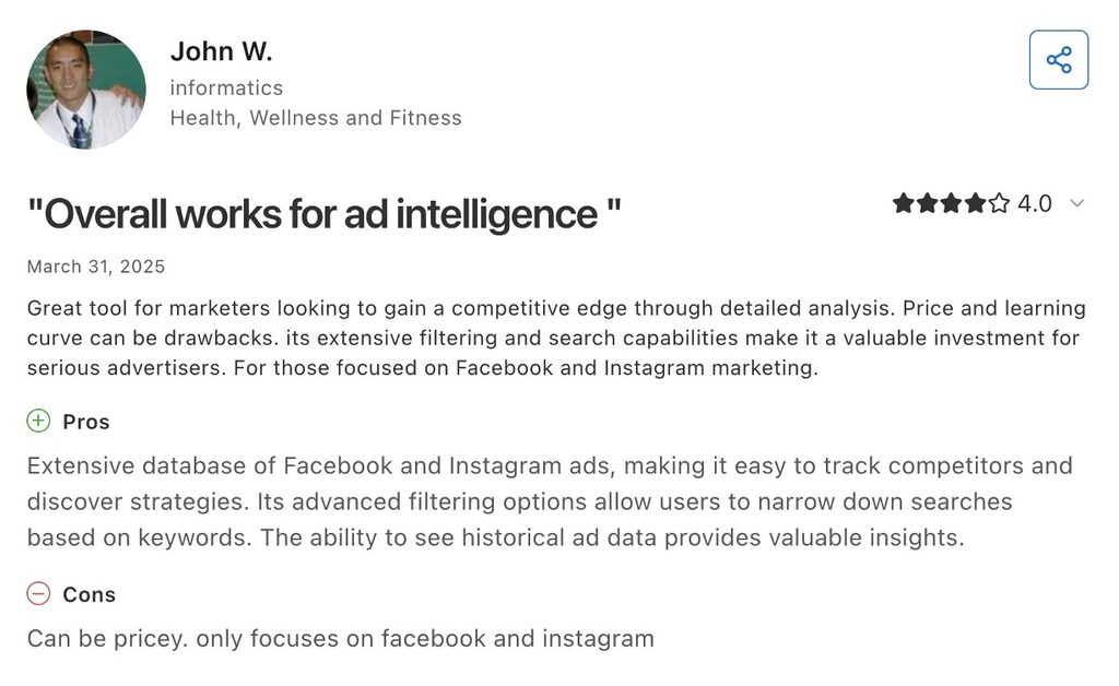 AdSpy review rates its ad intelligence tools four stars, praising filters and historical data.