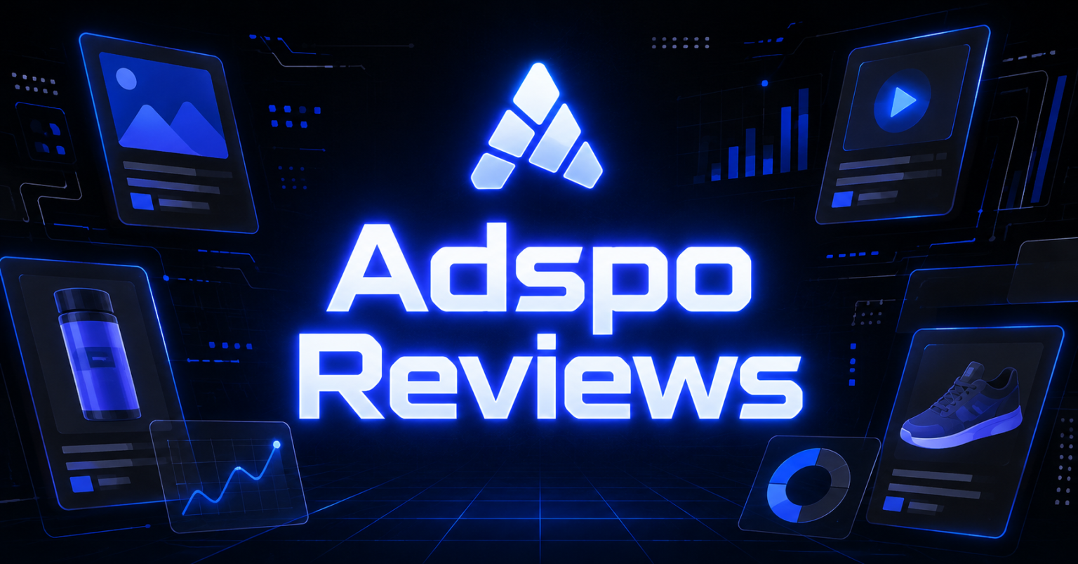Adspo Reviews title graphic with glowing logo surrounded by ad creative panels and performance charts.