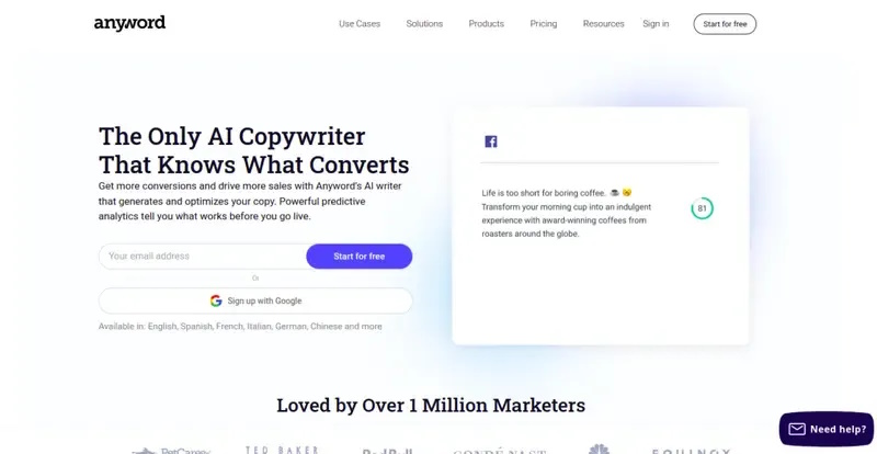 Anyword homepage showing AI copywriter tagline beside a sample Facebook ad text scored 81.