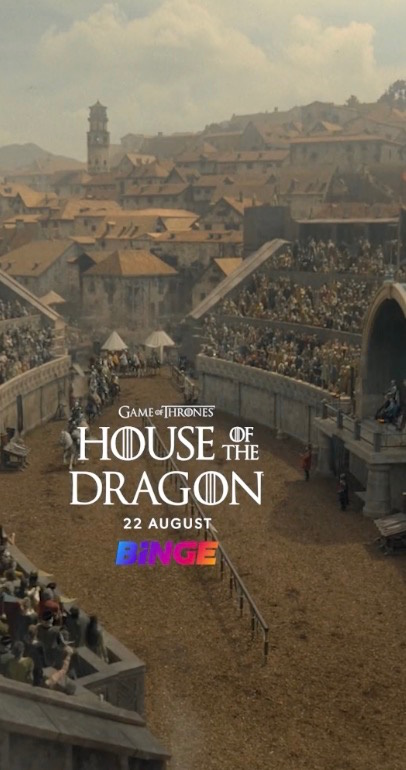 BINGE TikTok ad promoting House of the Dragon premiere on August 22 with a medieval tournament scene.