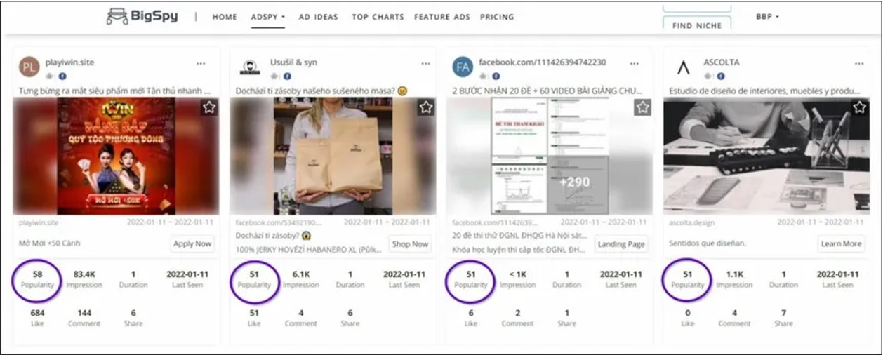 BigSpy ad library grid showing global ad creatives with popularity, impression, and engagement metrics.