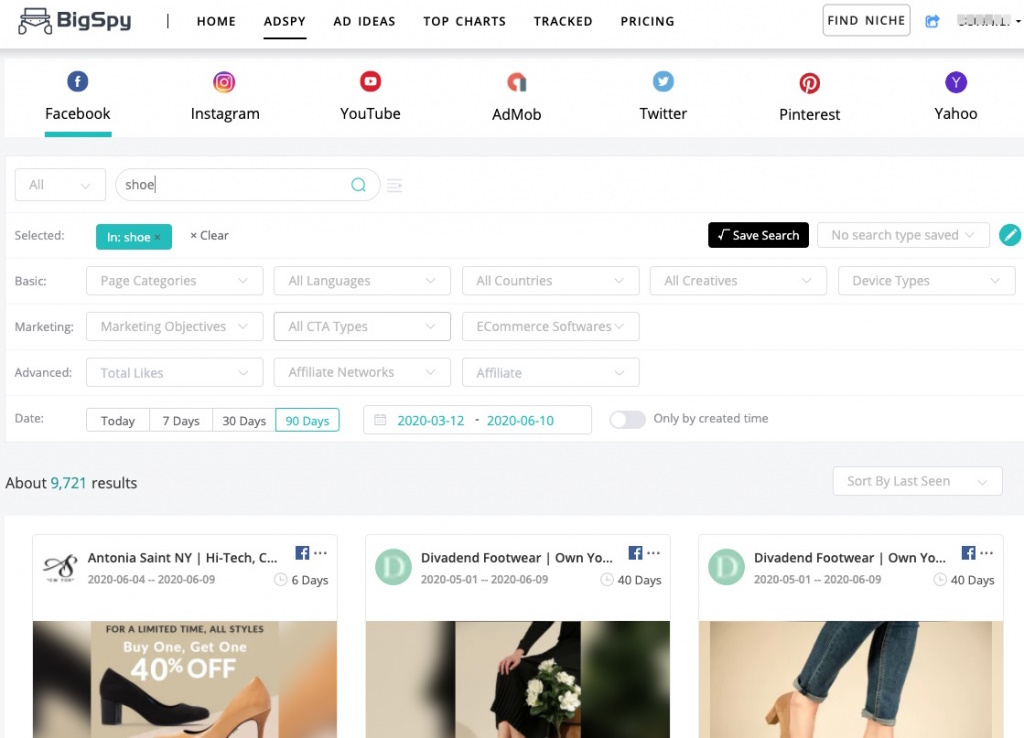 BigSpy's AdSpy dashboard displaying a "shoe" keyword search on Facebook with 9,721 ad results.