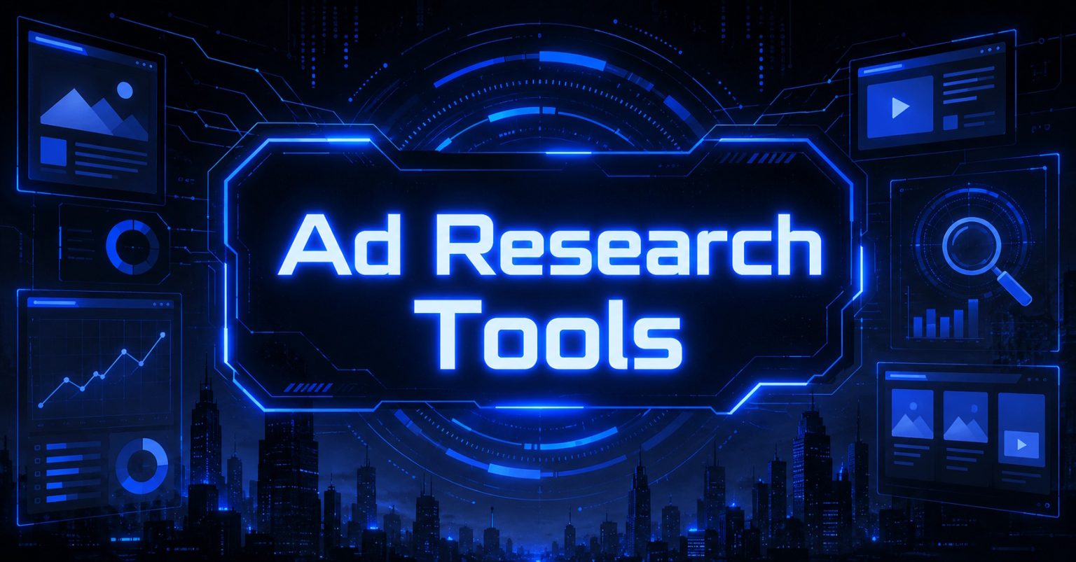 Blue graphic reading "Ad Research Tools" surrounded by analytics icons and a digital cityscape.