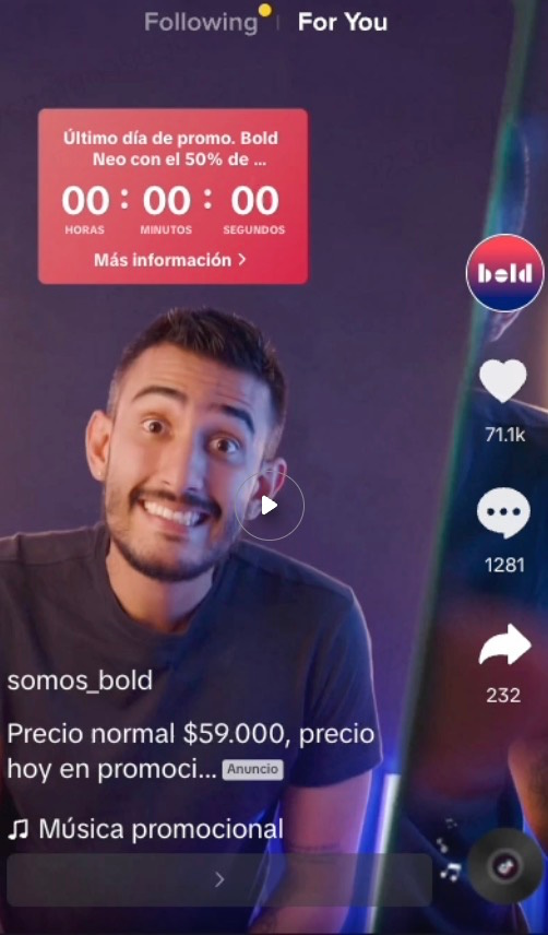 Bold.co TikTok In-Feed ad with a countdown sticker promoting a limited-time 50% discount on Bold Neo.
