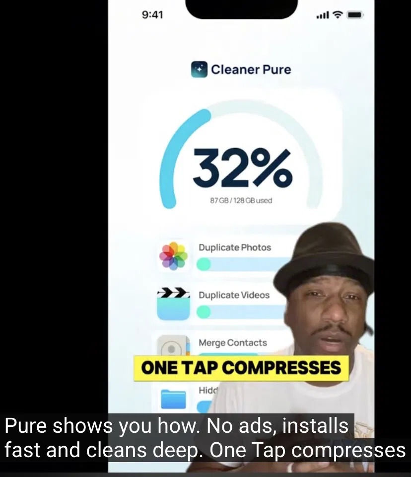 Cleaner Pure AI UGC ad with app storage scan on screen and AI presenter inset in lower corner.