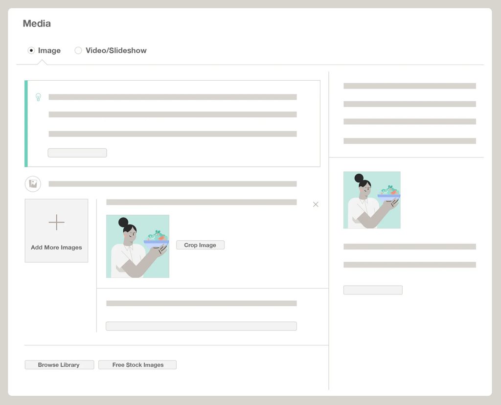 Content management interface for building a Facebook ad creative with image upload and text fields.