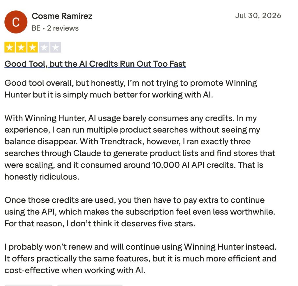 Cosme Ramirez's three-star Trendtrack Trustpilot review criticizing rapid AI credit consumption compared to Winning Hunter.
