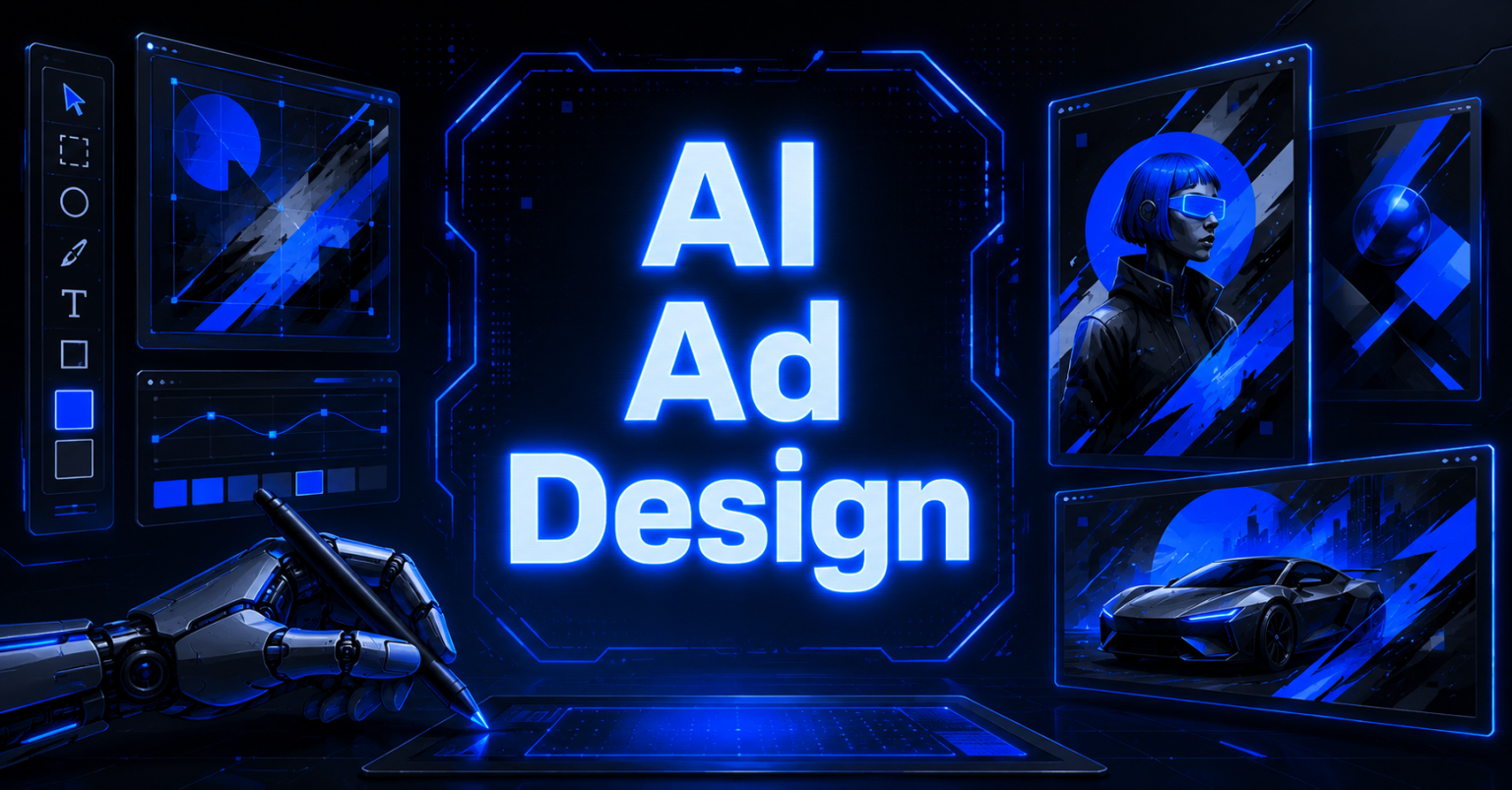 Cyberpunk AI ad design interface with glowing blue creative panels and robotic design tools.