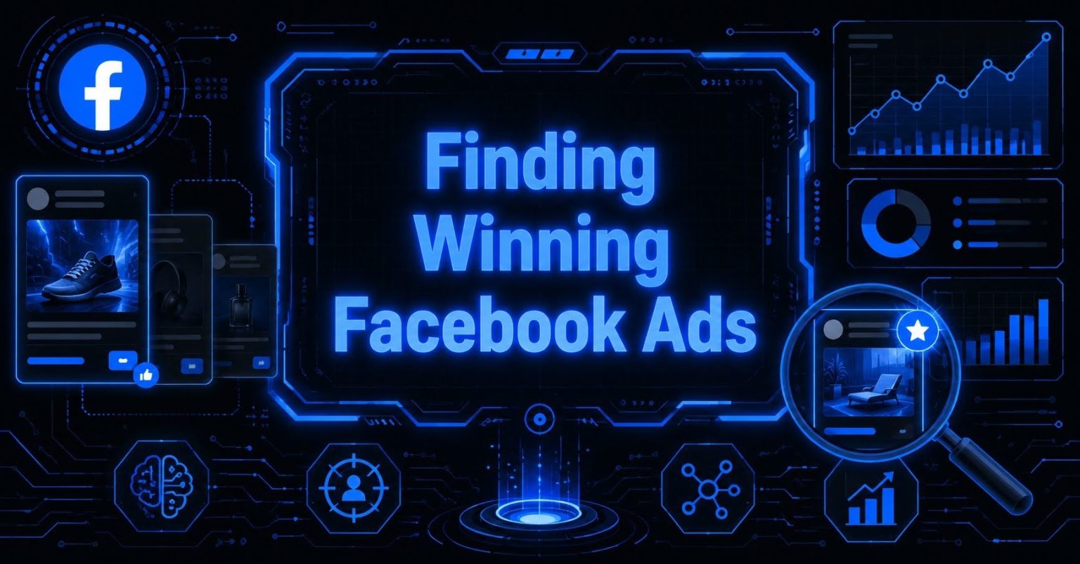 Cyberpunk Facebook ads dashboard highlighting winning campaigns analytics search tools
