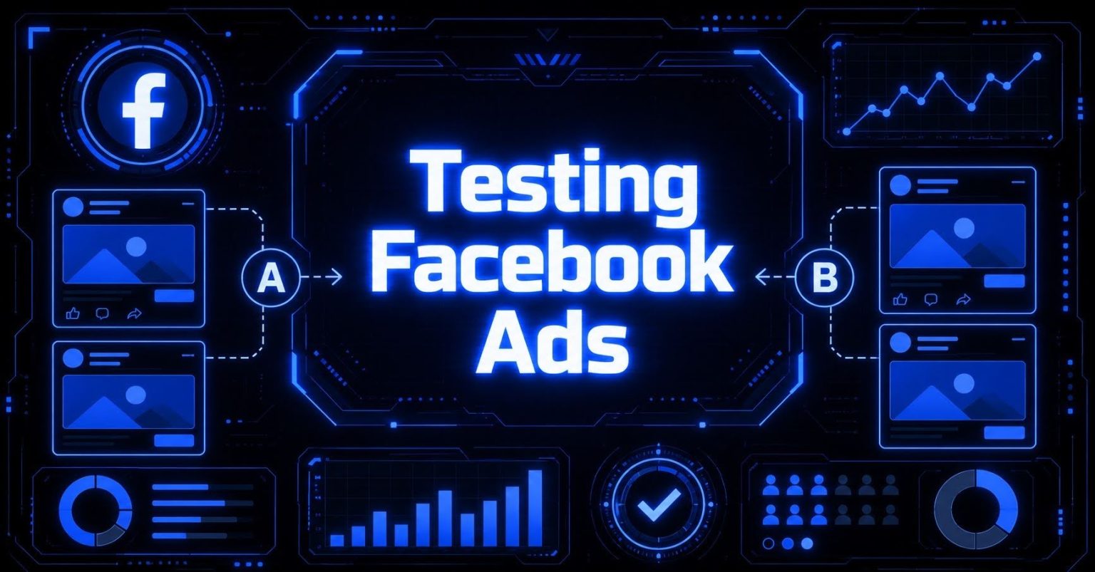 Cyberpunk Facebook ads testing dashboard with analytics charts and comparisons