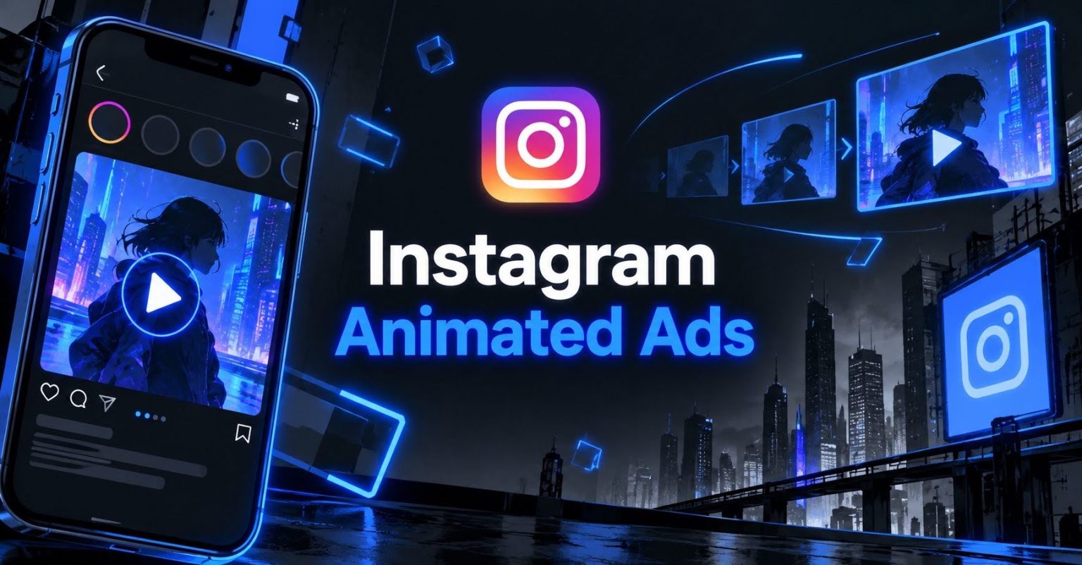 Cyberpunk Instagram animated ads graphic with smartphone interface