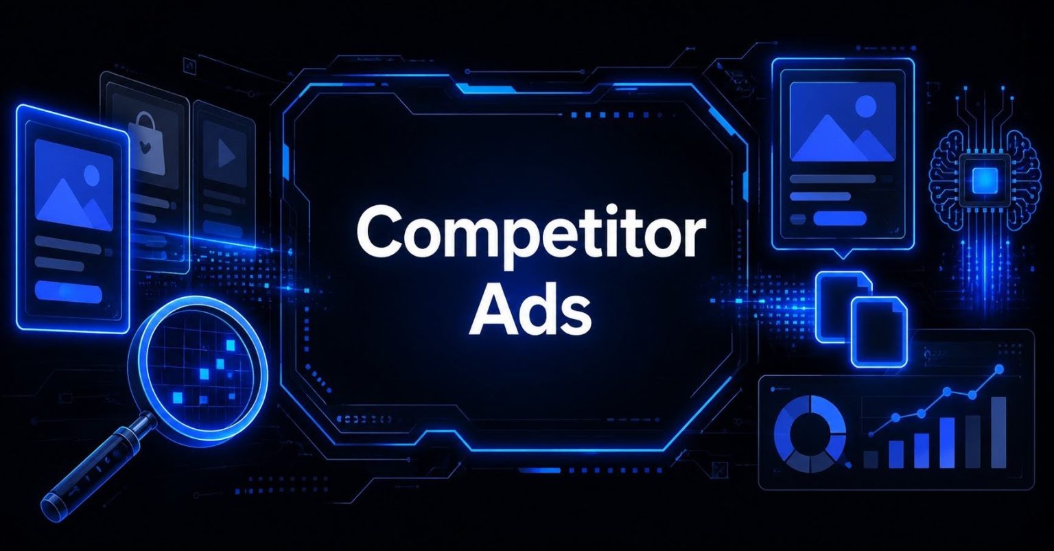 Cyberpunk competitor ads interface with AI analytics and search tools