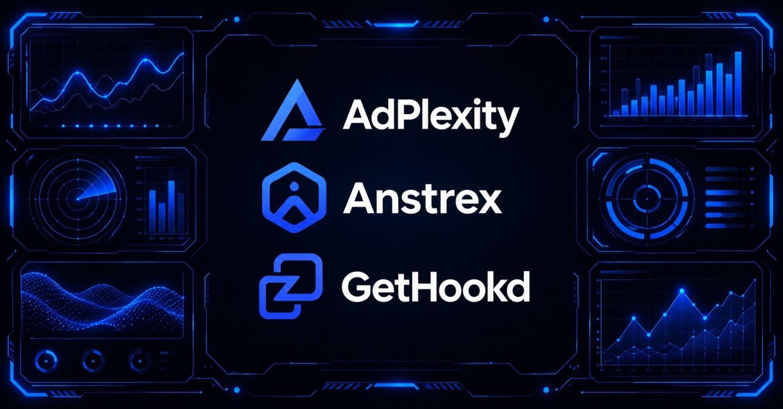 Cyberpunk dashboard comparing AdPlexity, Anstrex, and GetHookd analytics platforms