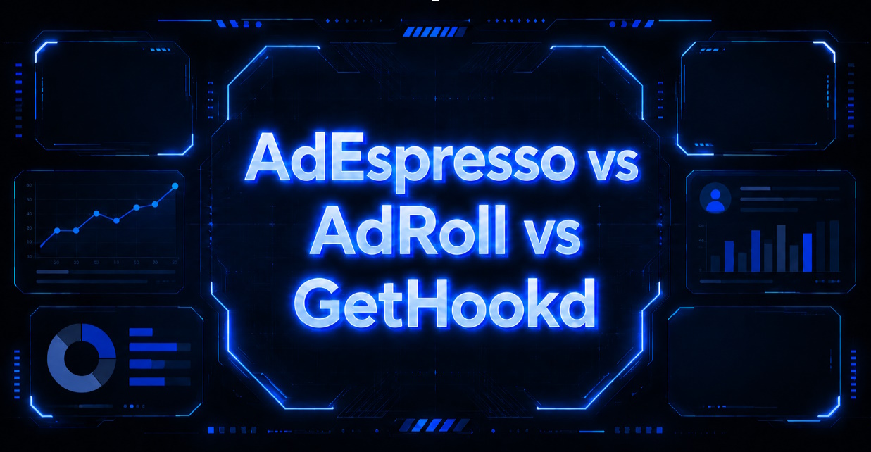 Cyberpunk illustration comparing AdEspresso, AdRoll, and GetHookd.
