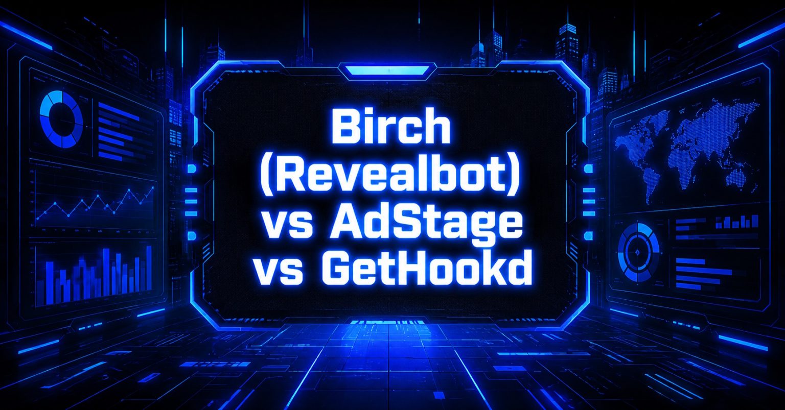 Cyberpunk illustration comparing Birch (Revealbot), AdStage, and GetHookd.
