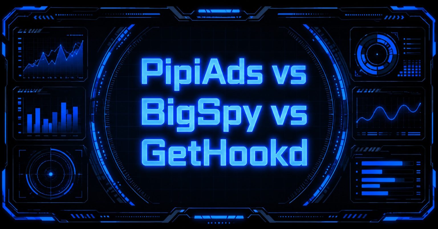 Cyberpunk illustration comparing PipiAds, BigSpy, and GetHookd.