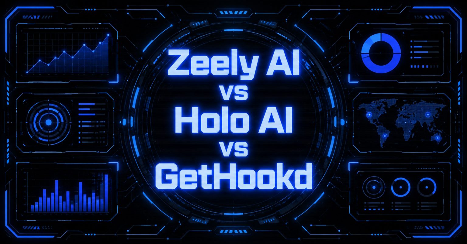 Cyberpunk illustration comparing Zeely AI, Holo AI, and GetHookd.
