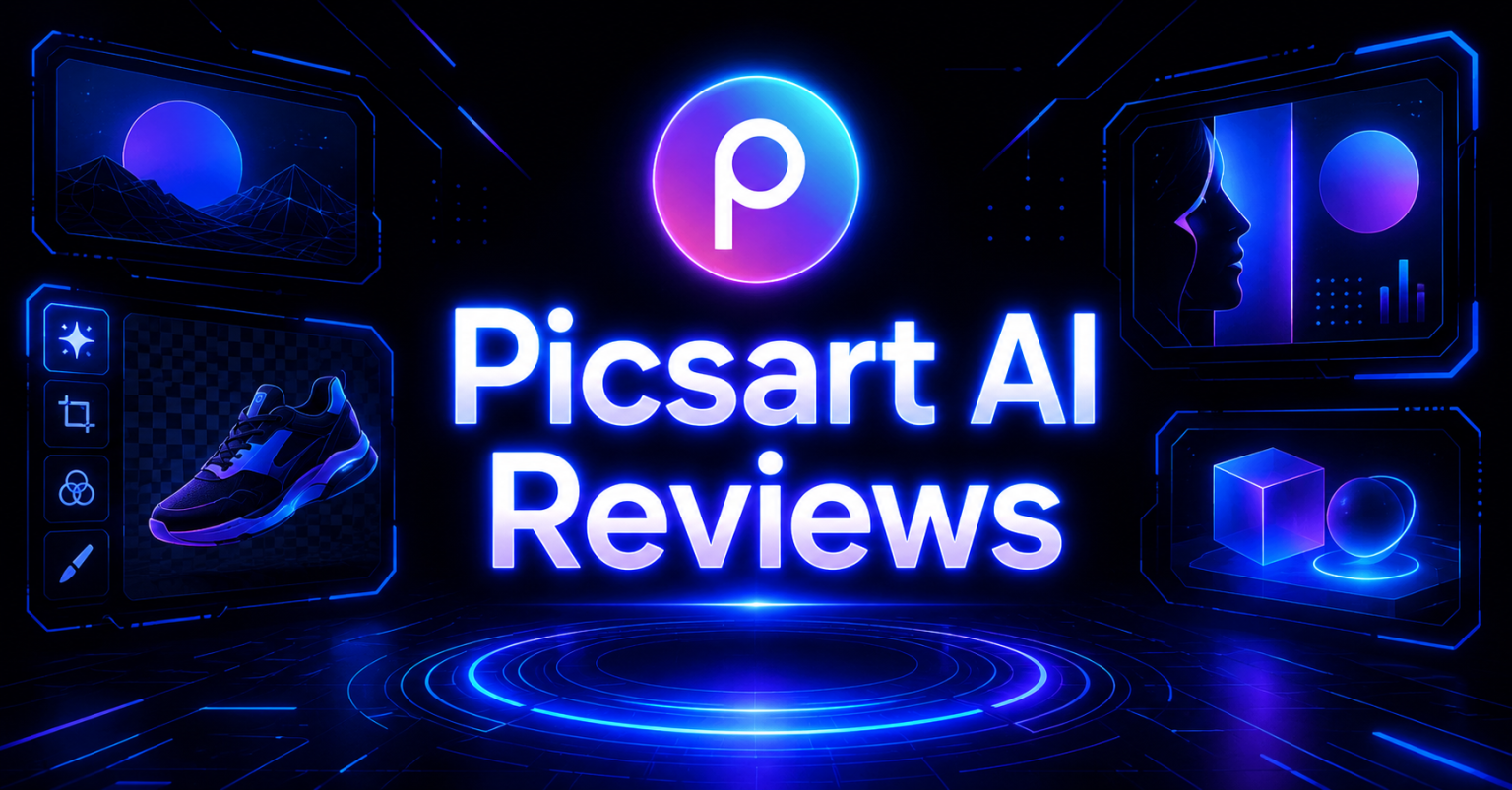 Cyberpunk illustration showing Picsart AI’s core features.