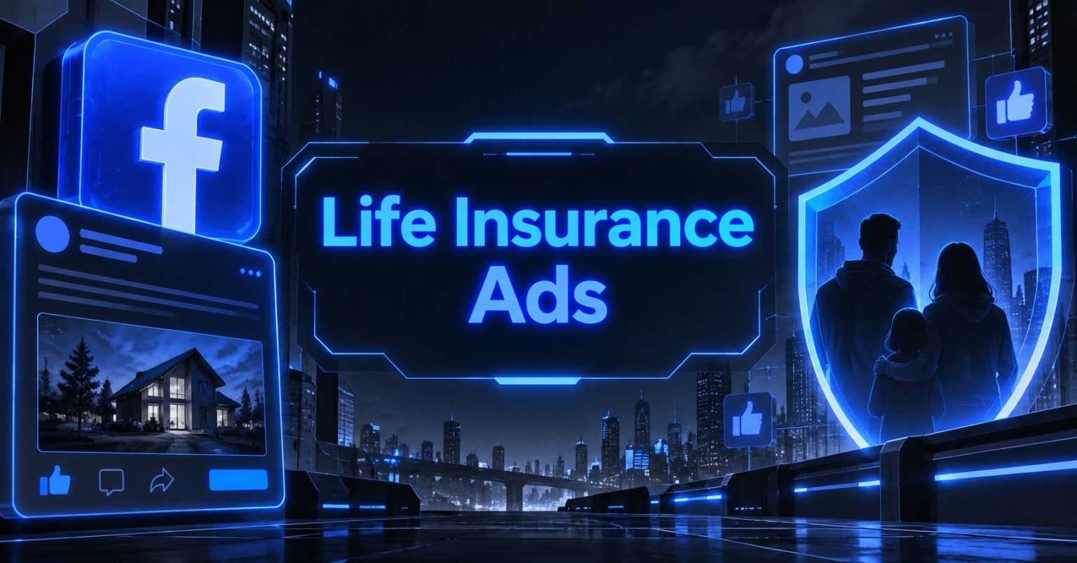 Cyberpunk life insurance ad graphic featuring Facebook theme family