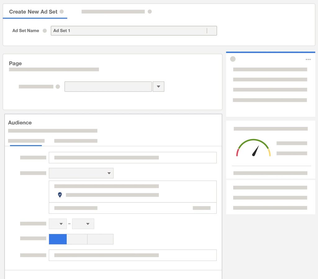 Facebook Ads Manager interface showing ad set creation with page selection and audience targeting fields.
