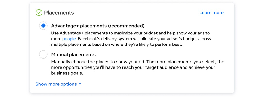Facebook Ads Manager placements section showing Advantage+ and Manual placement options at the ad set level.