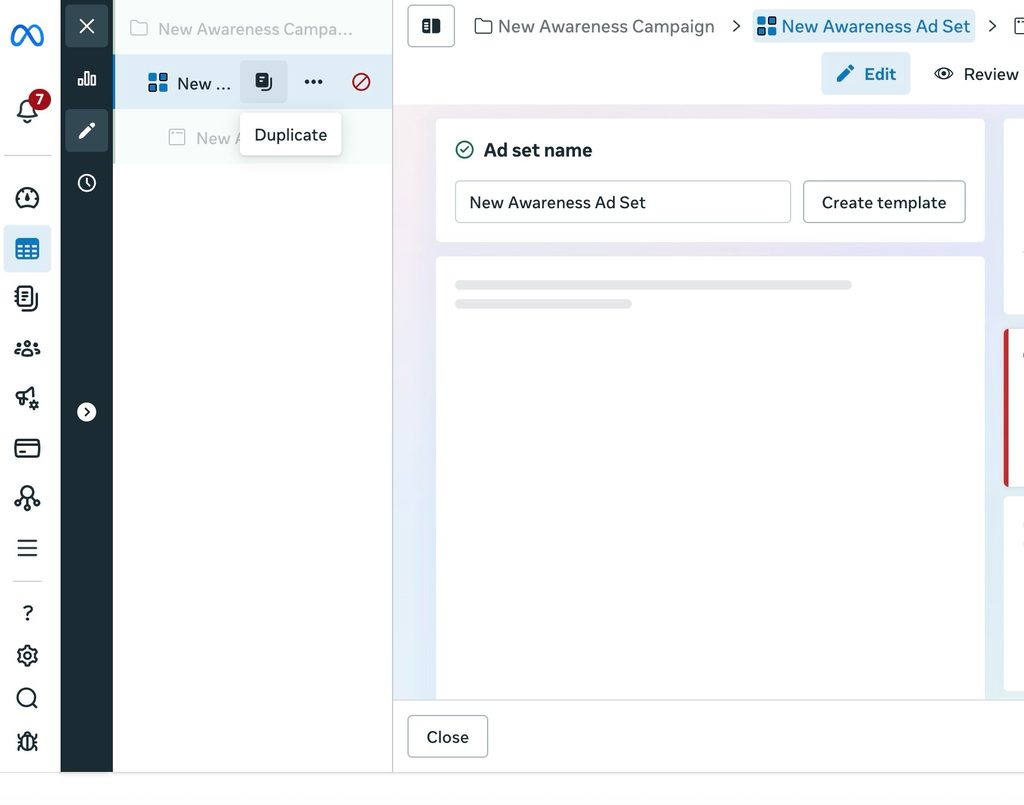 Facebook Ads Manager showing the Duplicate option in the ad set toolbar with the duplication panel open.