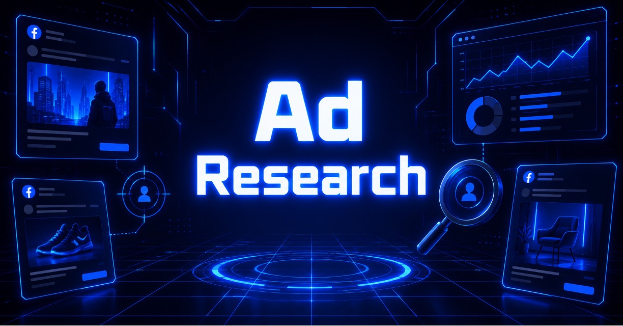 Facebook ad research dashboard with competitor ad cards, performance charts, and audience targeting icons