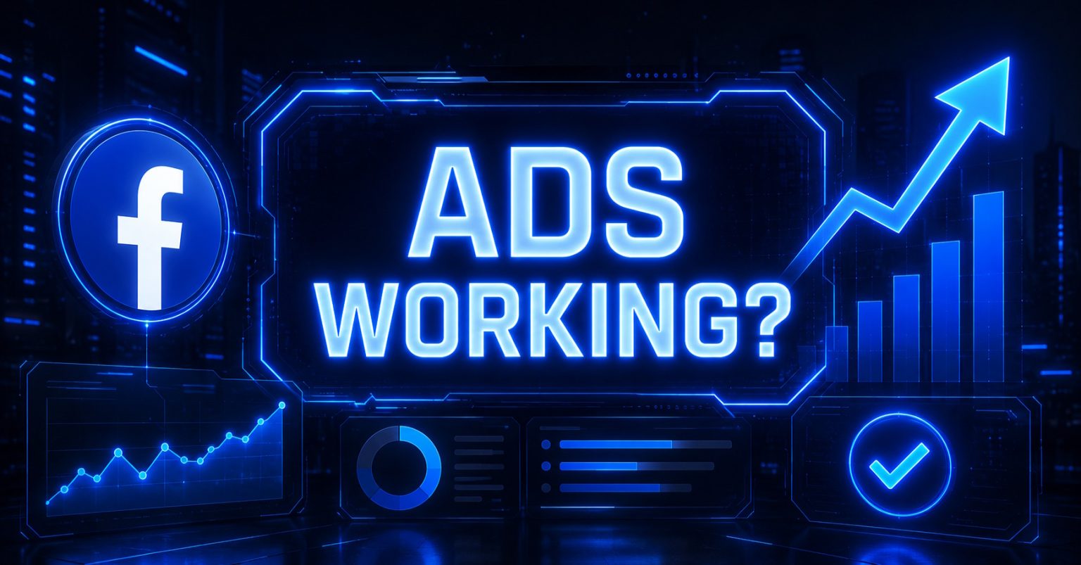 Facebook logo with performance charts and "Ads Working?" text on a digital dashboard display.