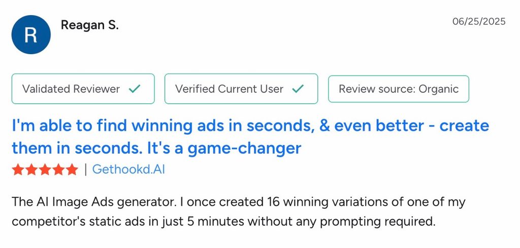 Five-star G2 review from Reagan S. praising GetHookd's AI Image Ads generator for fast ad variations.