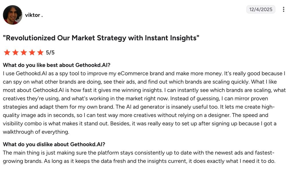 Five-star G2 review of GetHookd praising fast competitor insights and its AI ad generator.